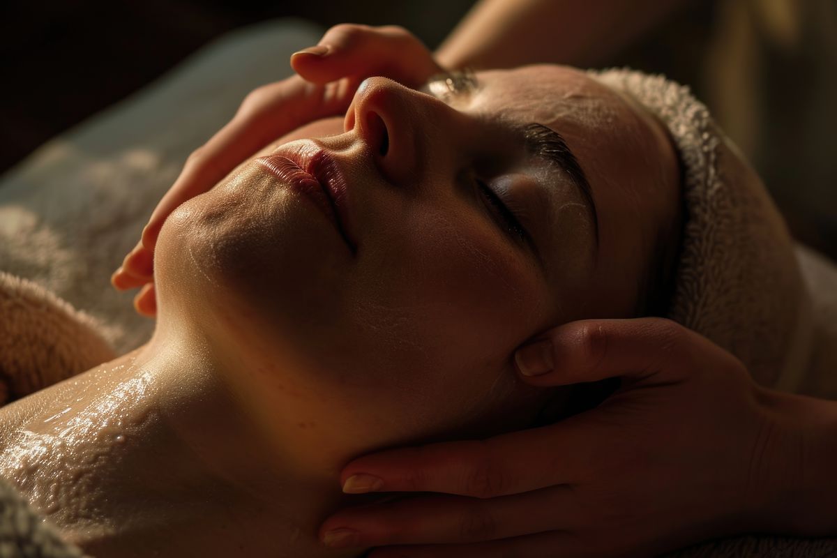 Gesichtsmassage in warmem Licht, Hände arbeiten entlang Wange und Kiefer